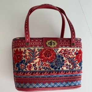 Isabella Fiore Red and Blue Beaded Fabric and Leather Bag